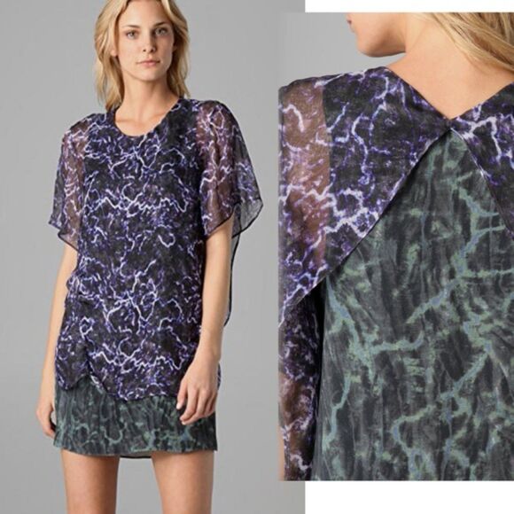 THEYSKENS THEORY Womens Dress Medium Purple Green Shift Pullover Layered Stretch - Picture 1 of 12